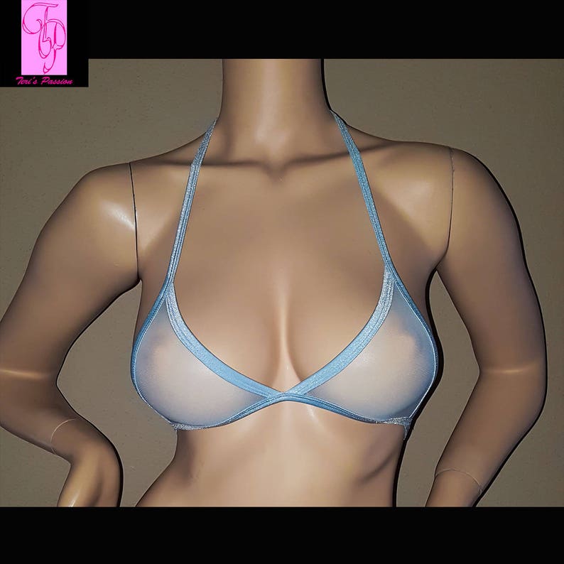 Sheer Bralette, Exotic Dancewear, Sheer Bra, Sheer Mesh Bra, Lingerie See Through Top Sexy Clothes Sheer Mesh Top Rave Tops baby blue