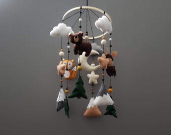 Handmade Nursery Mobile Decor in White and Gray Joliecraft Woodland Safari Musical Baby Crib Mobile