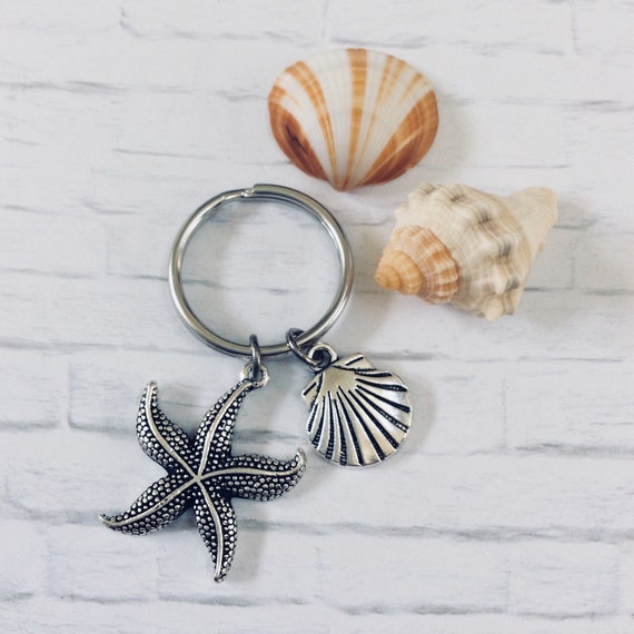BEACH KEYCHAIN, Beach Charm Key Ring, Starfish Keychain, Seashell Keychain, Nautical Key Chain, Shell Keychain, Beach Lover Gift