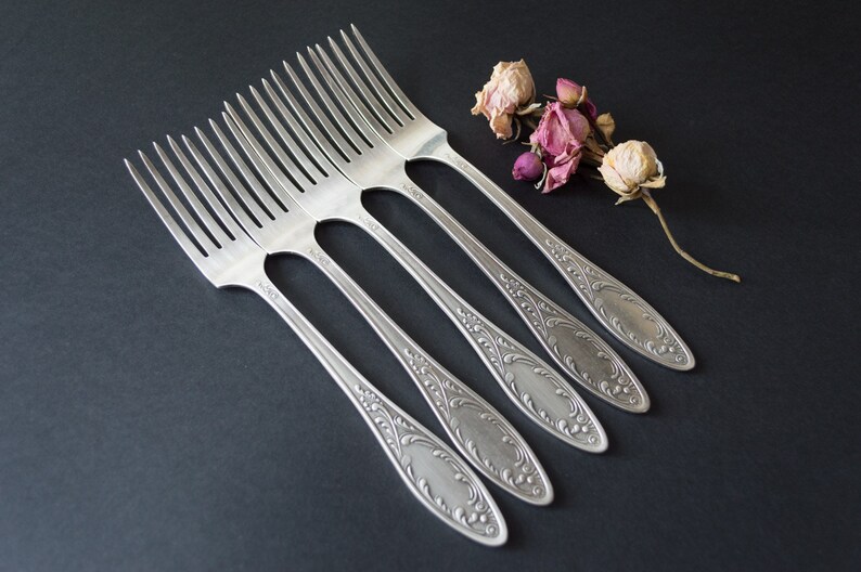 Vintage dinner fork set of 5 Silver plate Rustic serving Shabby chic Table decor Flatware set Food photo prop Table decor Stamping blanks