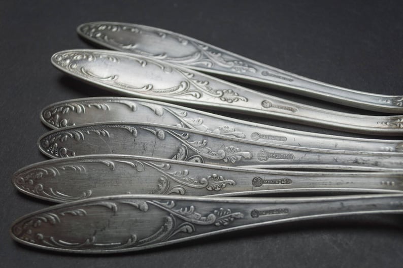 Vintage dinner spoon set of 6 Silver plated Melchior spoons Embossed flatware Rustic serving Shabby chic Soviet flatware Soviet era USSR