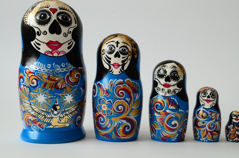 Russian Blue Matryoshka Babushka Wooden Nesting Dolls Skull Etsy