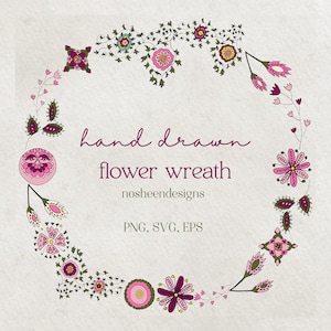 wildflower boho hand drawn leaf & floral wreath clipart for wedding stationery, flower botanical garland png svg eps, DIY creative project