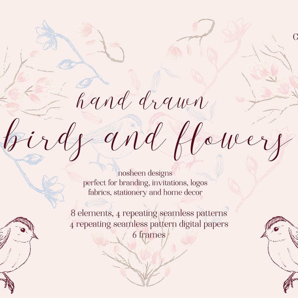 Cherry Blossom Sakura Hand-Drawn Bird & Flowers Clipart Pack for DIY Wedding Invitations, Baby Shower, Home Decor, Perfect Springtime Gift