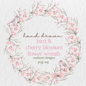 Cherry Blossom Sakura Clipart Wreath svg png Hand-Drawn Bird & Flower Digital Art for Scrapbooking, Unique Mother's Day Gift, Wedding Invite