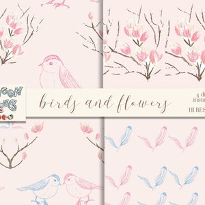 Kirschblüte Digitales Papier - 12x12 Nahtloses Sakura Muster, handgezeichnete Vögel & Blumen für Scrapbooking