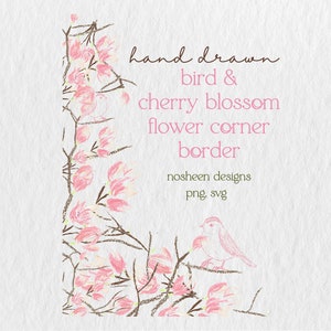 Kirschblüten-Sakura-handgezeichneter Eckrahmen mit druckbarem Vogel und Blumen-Clipart für DIY-Einladungen, Hochzeit, perfektes Frühlingsgeschenk