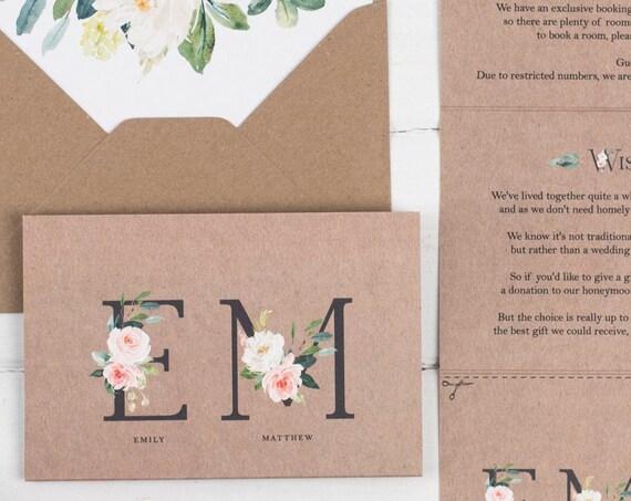 Wedding Invitation - Kraft Floral Monogram