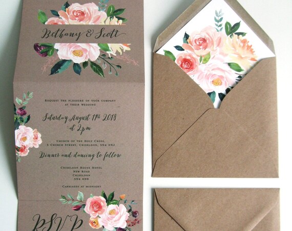 Rustic Wedding Invitation - Double-Folded Kraft Romantic Blooms