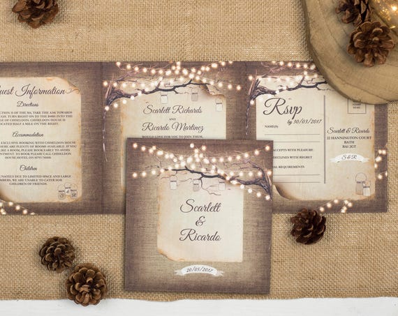 Rustic Wedding Invitation - Double-Folded Rustic Lights (landscape)