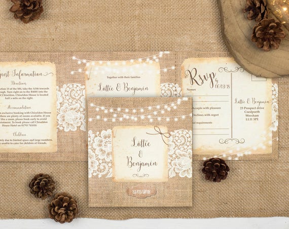 Rustic Lace Wedding Invitation - Double-Folded Burlap And Lace (landscape)