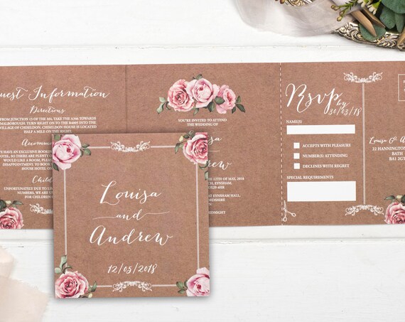 Vintage Wedding Invitation - Double-Folded Kraft Floral Framed (landscape)