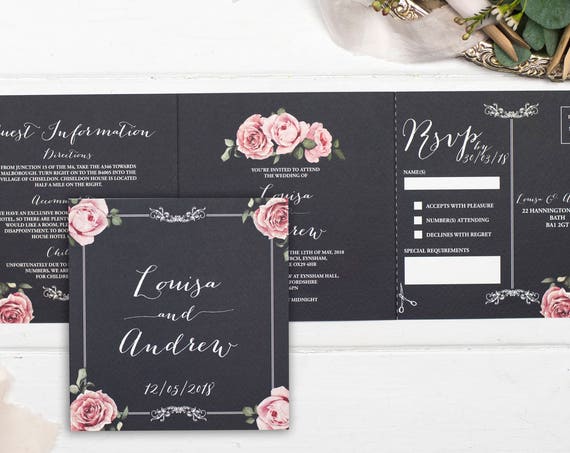 Rustic Wedding Invitation - Double-Folded Chalkboard Floral Framed (landscape)