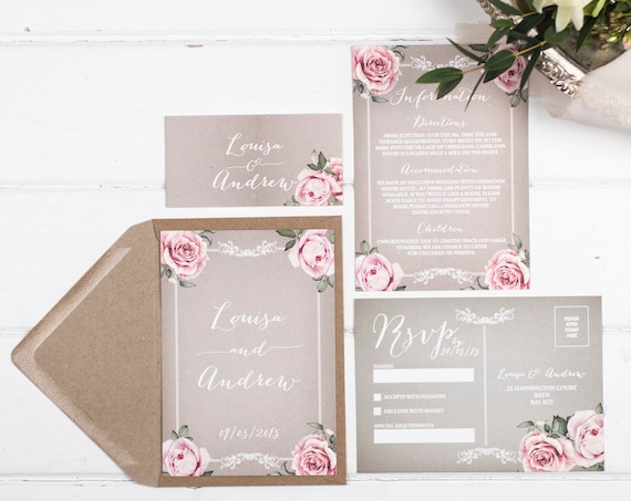 Vintage Wedding Invitation Set - A6 Grey Floral Framed