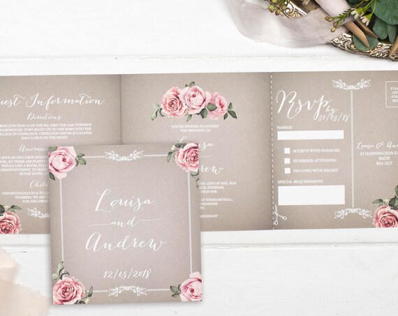 Vintage Wedding Invitation - Double-Folded Grey Floral Framed (landscape)