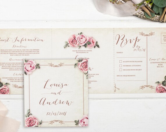 Vintage Wedding Invitation - Double-Folded Ivory Floral Framed (landscape)