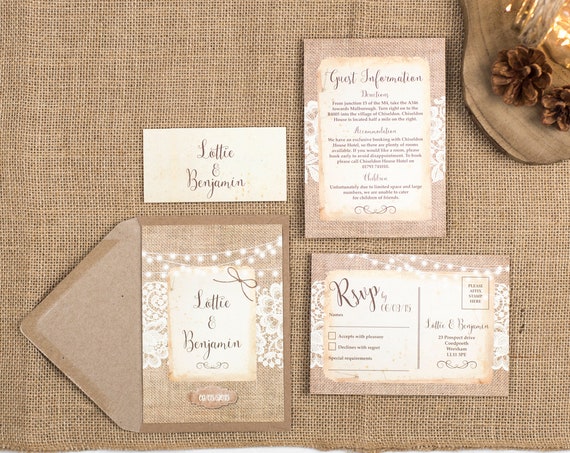 Rustic Wedding Invitation Set - A6 Burlap And Lace