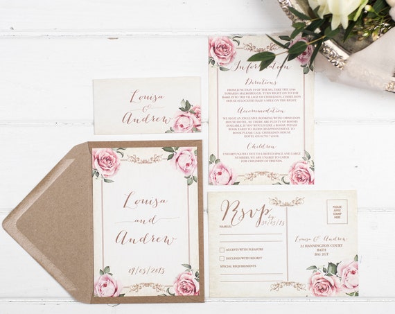 Vintage Wedding Invitation Set - A6 Ivory Floral Framed