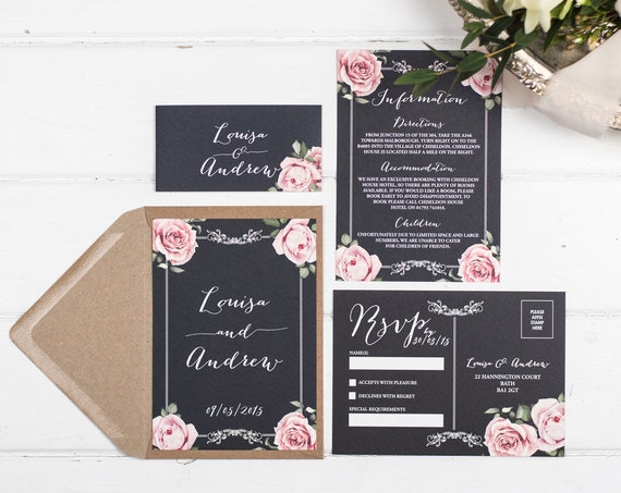 Vintage Wedding Invitation Set - A6 Chalkboard Floral Framed