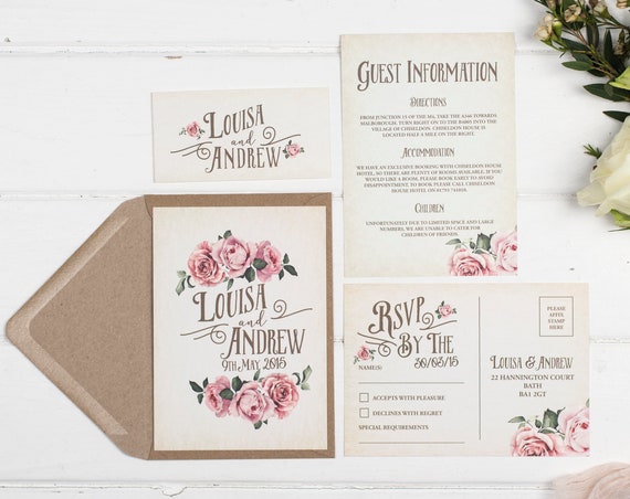Rustic Wedding Invitation Set - A6 Ivory Rustic Rose