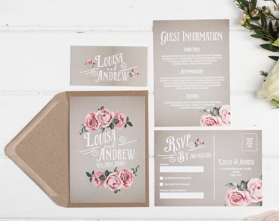 Rustic Wedding Invitation Set - A6 Grey Rustic Rose