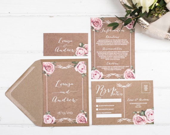 Vintage Wedding Invitation Set - A6 Kraft Floral Framed