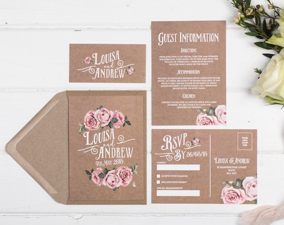 Rustic Wedding Invitation Set - A6 Kraft Rustic Rose