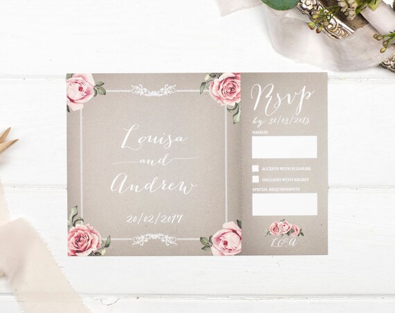 Vintage Wedding Invitation - A5 Grey Floral-Framed