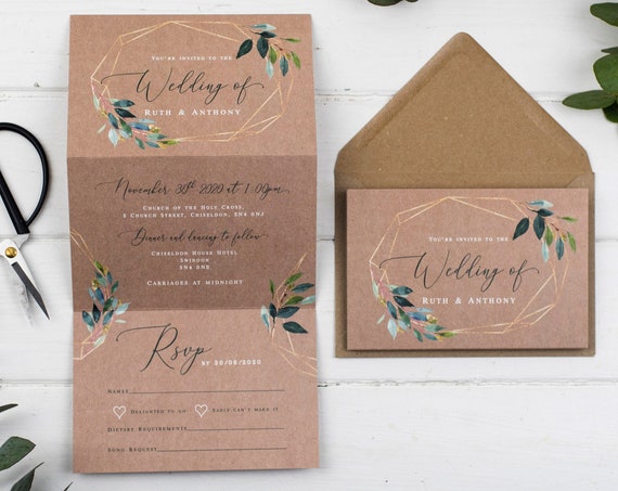 Rustic Wedding Invitation - Kraft Geo Foliage Z-Fold