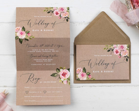 Rustic Wedding Invitation - Kraft Pink Posy Z-Fold