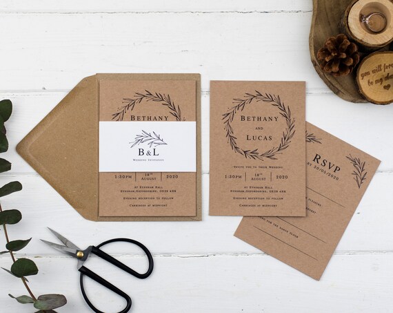 Rustic Wedding Invitation - Kraft Rustic Wreath Set