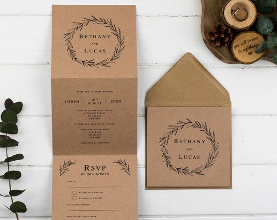 Rustic Wedding Invitation - Kraft Rustic Wreath Z-Fold