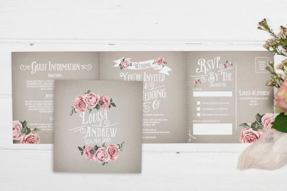 Rustic Wedding Invitation - Double-Folded Grey Rustic Rose (landscape)