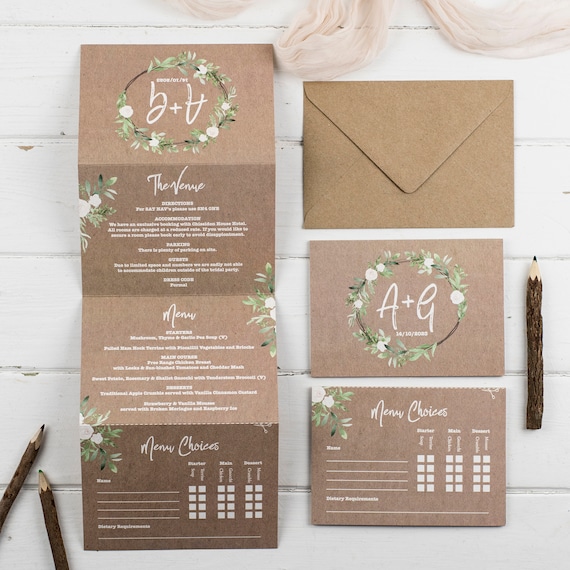 Deluxe Wedding Invitation With Menu Options- Kraft Meadow Z-Fold