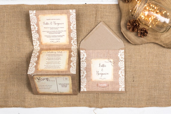 Rustic Lace Wedding Invitation - Double-Folded Burlap And Lace (portrait)