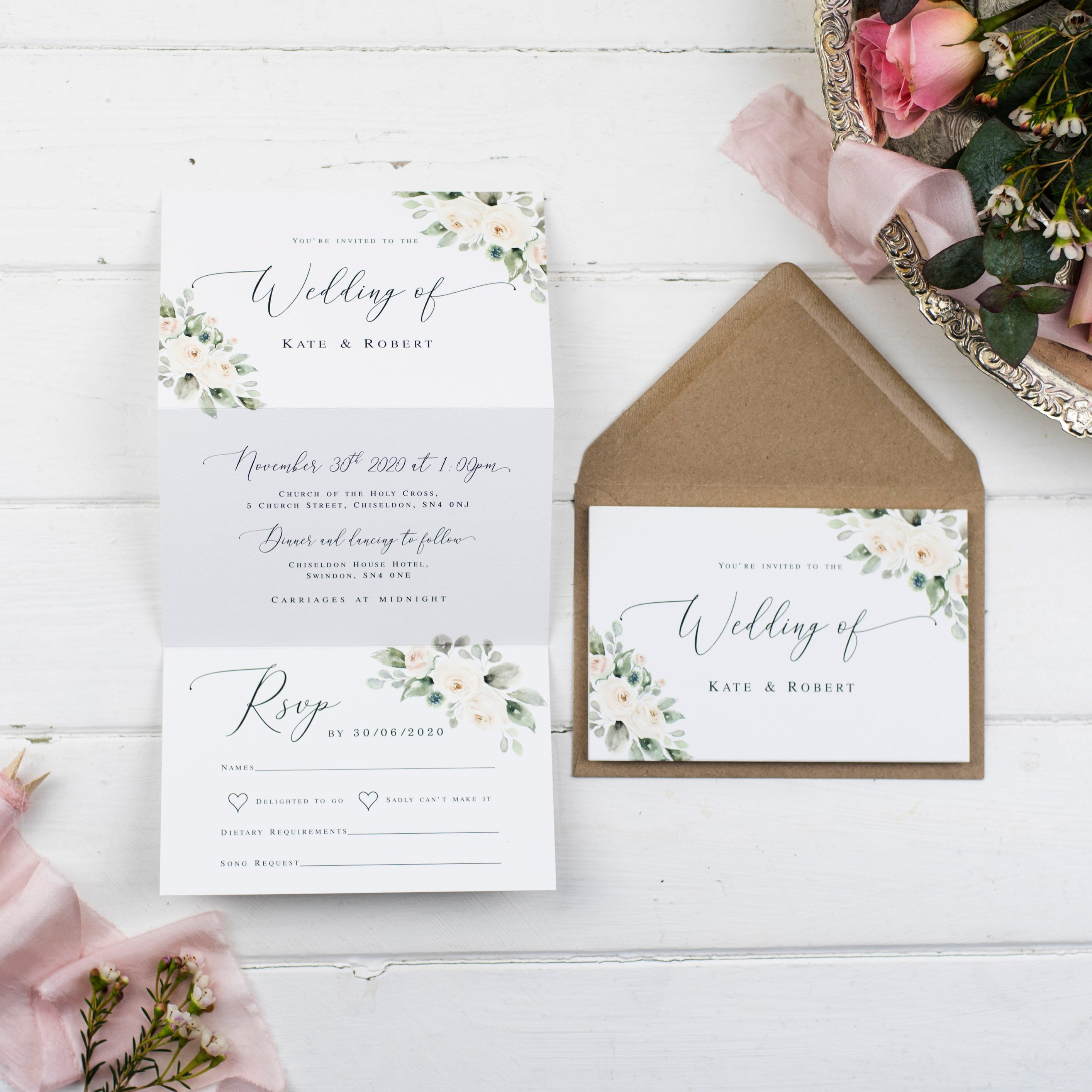 Rustic Wedding Invitation - Natural Ivory Posy Z-Fold Rustic Wedding Invitation - Natural Ivory Posy Z-Fold