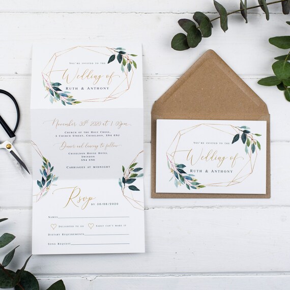 Rustic Wedding Invitation - Natural Geo Foliage Z-Fold