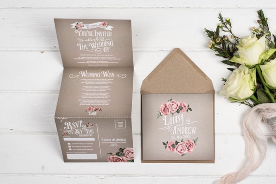 Rustic Wedding Invitation - Double-Folded Grey Rustic Rose (portrait)