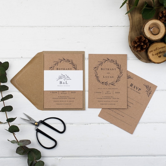 Rustic Wedding Invitation - Kraft Rustic Wreath Set