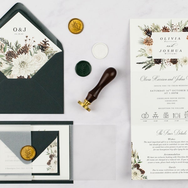 Winter Wedding Invitation, Pine Cone Wedding Invites, Folded Wedding Invitation with Vellum Wrap