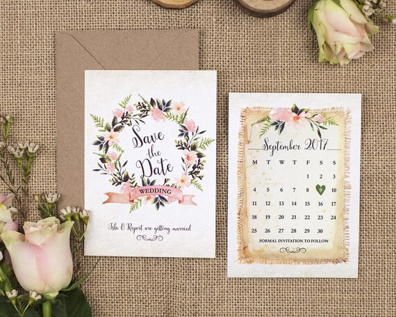 Rustic Save The Date Card - A6 Rustic Wreath