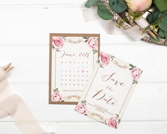 Vintage Save The Date Card - A6 Ivory Floral Framed