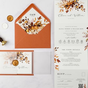 Autumn Leaves Wedding Invitation, Woodland Wedding Invites, Folded Fall Wedding Invitation with Vellum Wrap