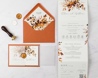 Autumn Leaves Wedding Invitation, Woodland Wedding Invites, Folded Fall Wedding Invitation with Vellum Wrap