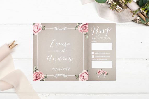 Vintage Wedding Invitation - A5 Grey Floral-Framed