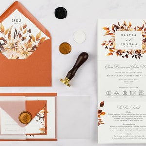 Woodland Leaves Wedding Invitation, Autumn Wedding Invites, Folded Foliage Wedding Invitation with Vellum Wrap