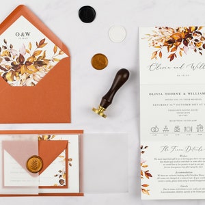 Autumn Leaves Wedding Invitation, Woodland Wedding Invites, Folded Fall Wedding Invitation with Vellum Wrap