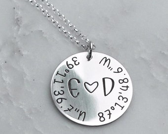 Initials Coordinates necklace, latitude longitude necklace, 2 year Anniversary gifts, location necklace, Wedding, circle round disc, 1068