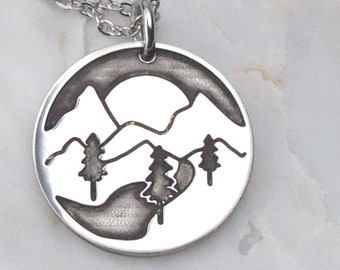 Mountain Necklace, Nature lover Pine Trees River Rising Setting Sun Sequoia Redwoods hiking outdoors adventurer mountains are calling 170