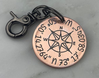 Compass Keychain, Coordinate keychain, Coordinates copper keychain Moving away gift, location necklace Moving away long distance gift